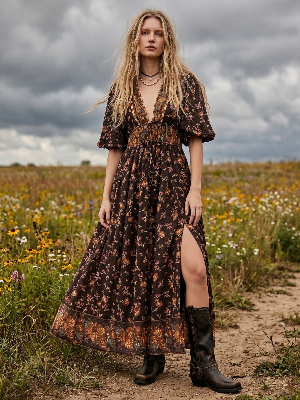 Free People Lysette Maxi Dress Floral Brown Small Bohemian Gypsy Hippie Bells